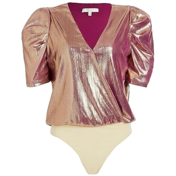 WAYF Metallic Pink Gold Puff Sleeve V-Neck Wrap Front Bodysuit - Sz XL - Picture 2 of 8